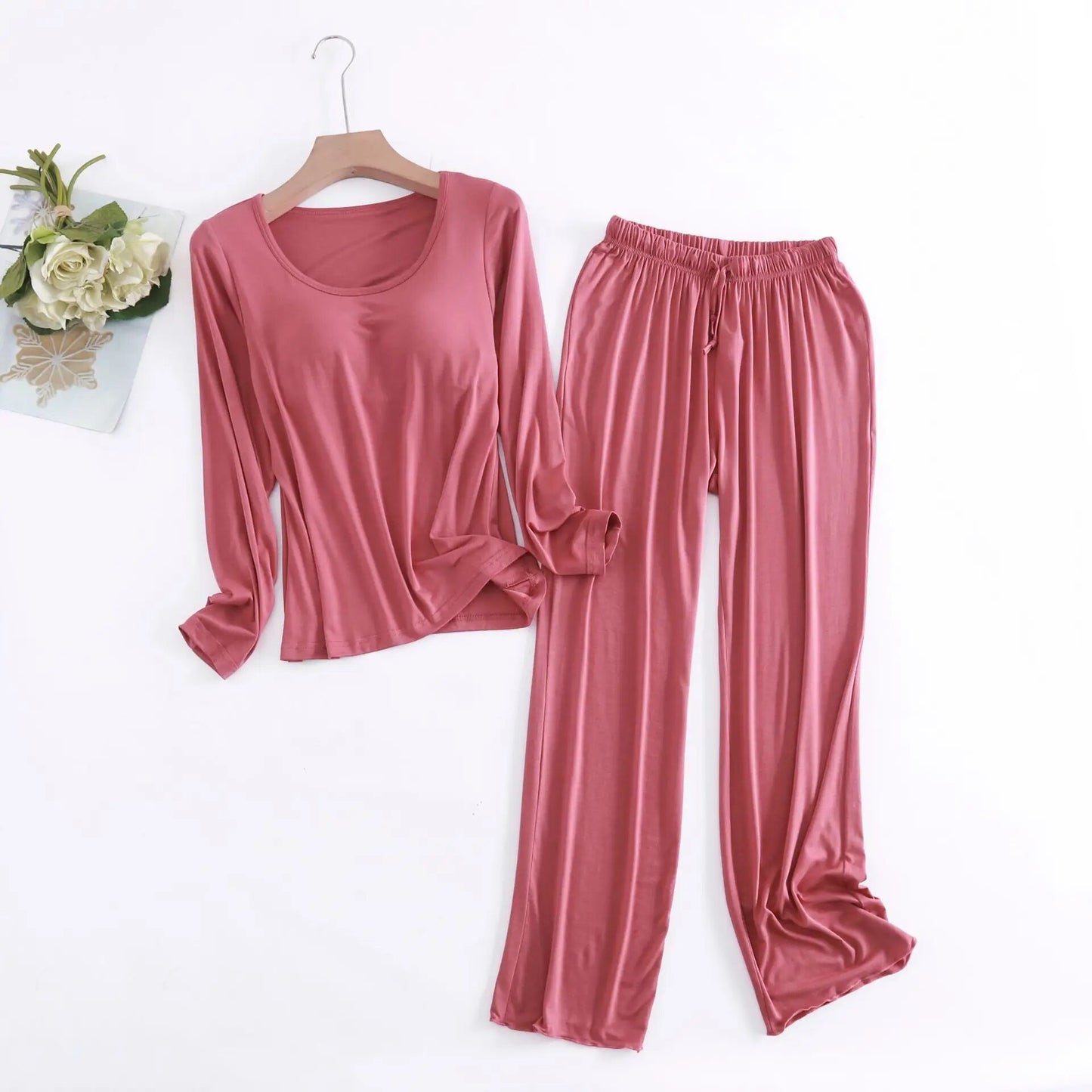 Two Piece Long Sleeve with Built In Bra Loungewear Pyjamas