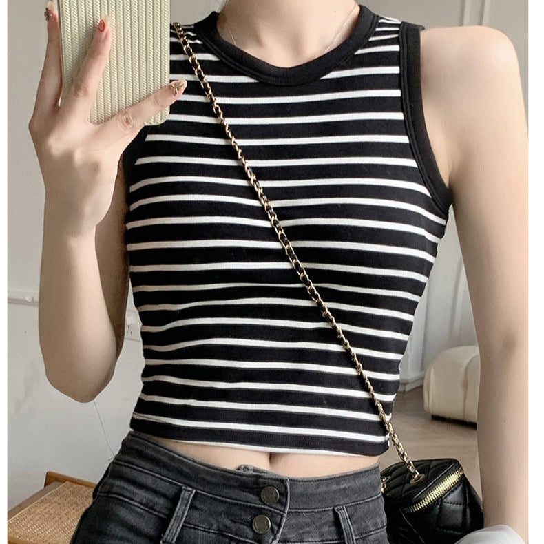 Summer Crop Tops with Built In Bra Knitted Striped Cotton