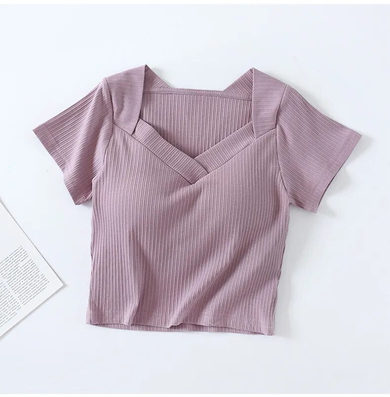 Crop Top V Neck T-Shirt with Built In Bra Cotton