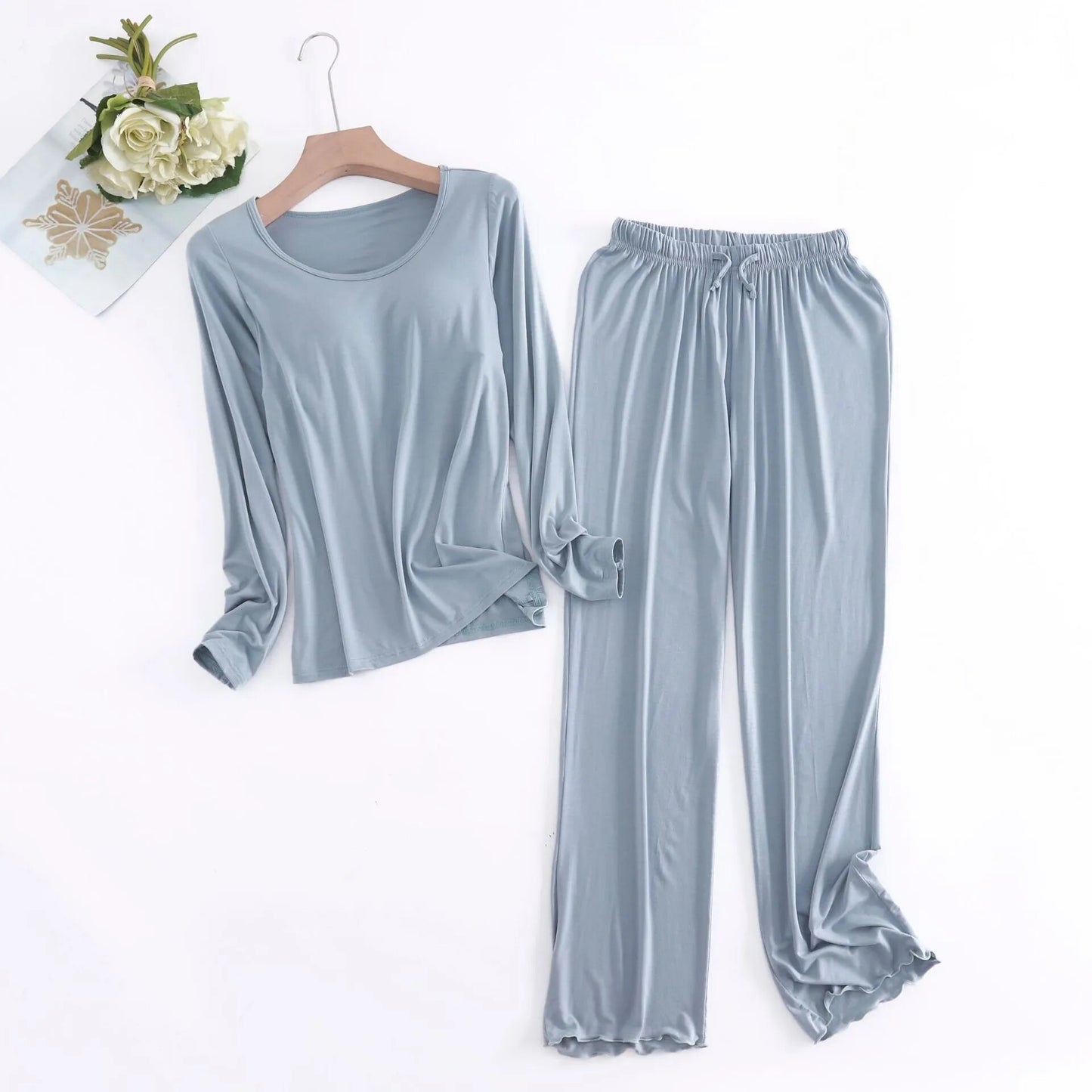 Two Piece Long Sleeve with Built In Bra Loungewear Pyjamas