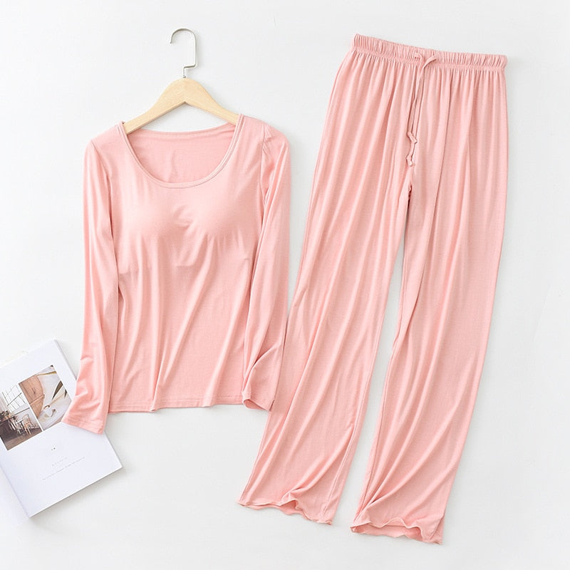 Two Piece Long Sleeve with Built In Bra Loungewear Pyjamas