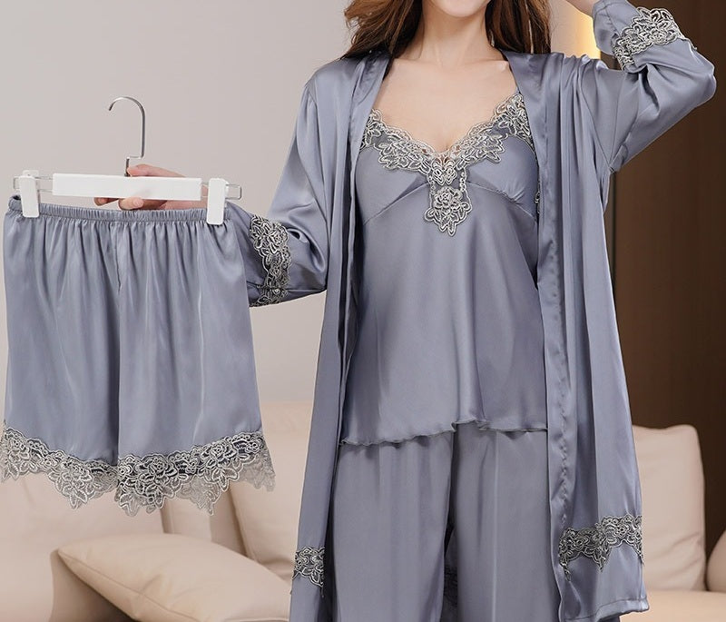 Lace Lingerie Robe and Nightie 5 Piece Set with Removable Bra Cups