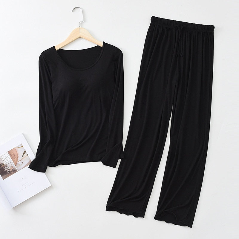 Two Piece Long Sleeve with Built In Bra Loungewear Pyjamas