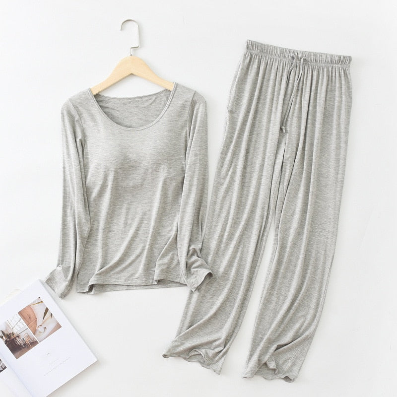 Two Piece Long Sleeve with Built In Bra Loungewear Pyjamas