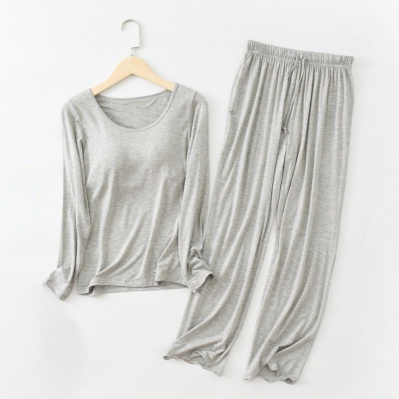 Two Piece Long Sleeve with Built In Bra Loungewear Pyjamas