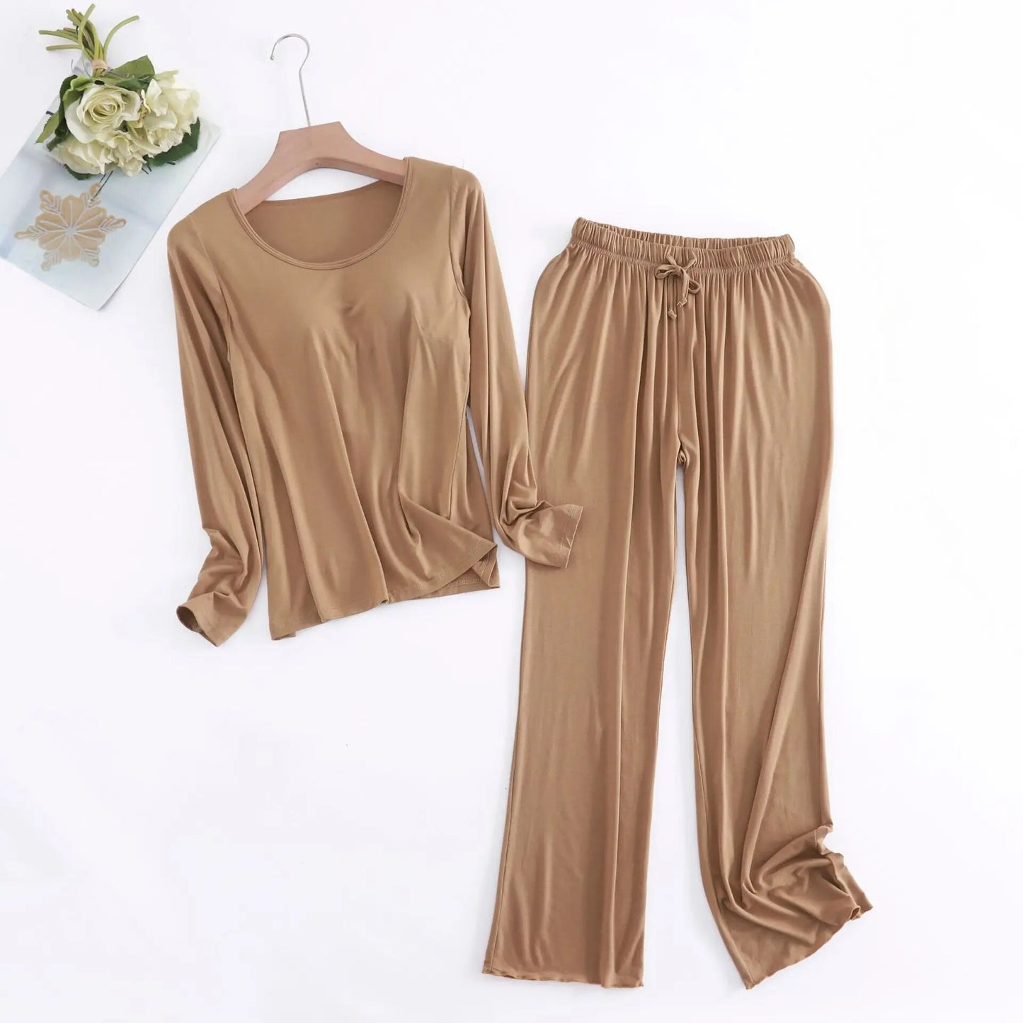 Two Piece Long Sleeve with Built In Bra Loungewear Pyjamas