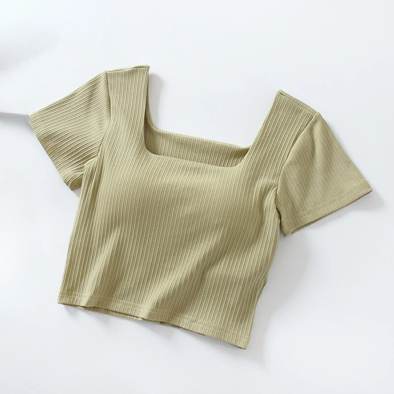 T Shirt Crop Bra Top with Built In Bra Cotton