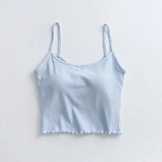 Spaghetti Strap Lace Ruffle Edge Crop Top with Built-In Bra