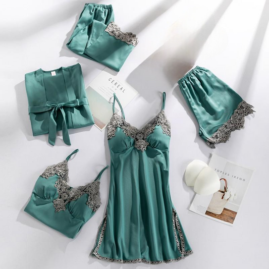 5 Piece Lace Lingerie Robe and Nightie Set with Removable Bra Cups