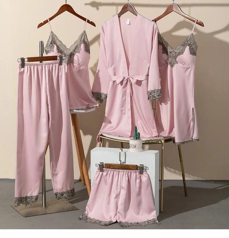 Lace Lingerie Robe and Nightie 5 Piece Set with Removable Bra Cups