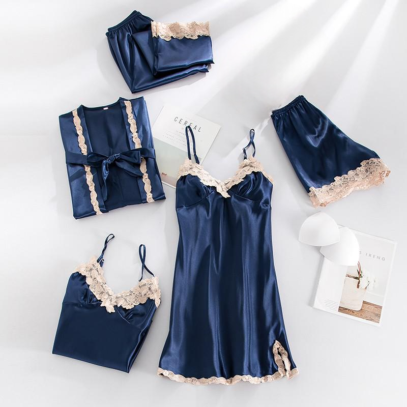 Lace Lingerie Robe and Nightie 5 Piece Set with Removable Bra Cups