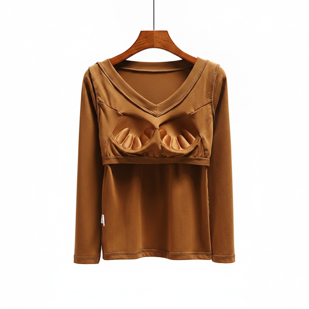 Long Sleeve Top With Built In Bra V Neck Cotton