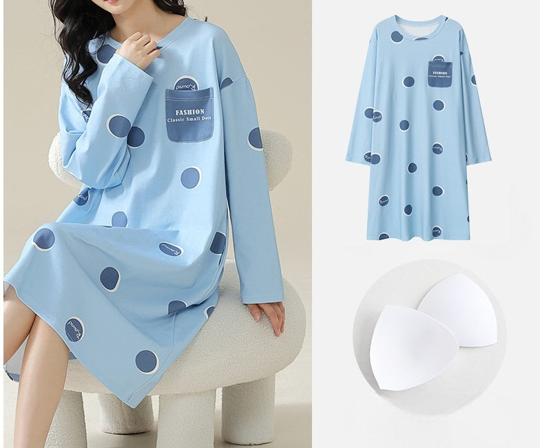 Long Sleeve Nightie with Inbuilt Chest Pads Cute Designs Cotton Plus size available