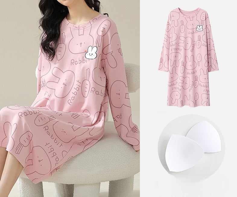 Long Sleeve Nightie with Inbuilt Chest Pads Cute Designs Cotton Plus size available
