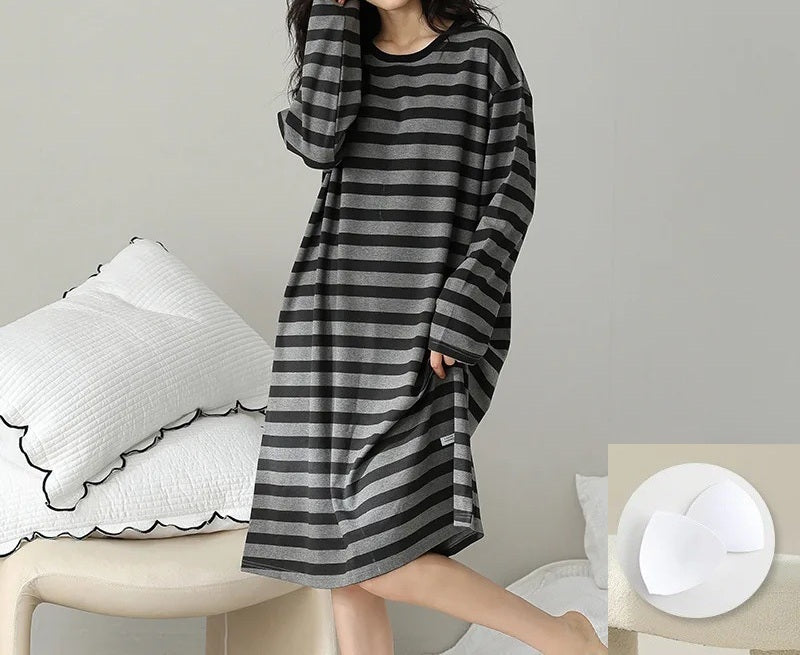 Long Sleeve Nightie with Inbuilt Chest Pads Cute Designs Cotton Plus size available