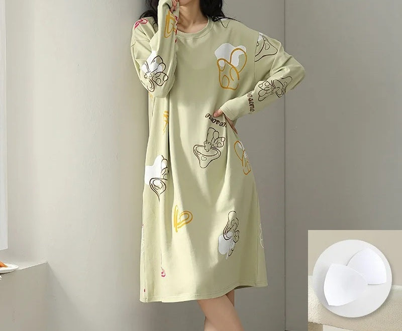 Long Sleeve Nightie with Inbuilt Chest Pads Cute Designs Cotton Plus size available
