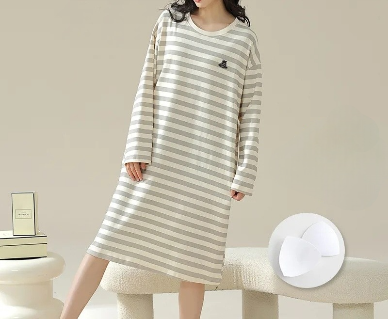 Long Sleeve Nightie with Inbuilt Chest Pads Cute Designs Cotton Plus size available