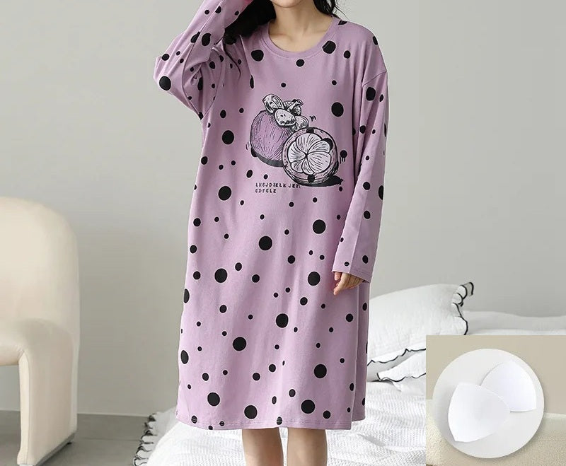 Long Sleeve Nightie with Inbuilt Chest Pads Cute Designs Cotton Plus size available