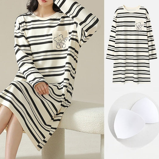 Long Sleeve Nightie with Inbuilt Chest Pads Cute Designs Cotton Plus size available