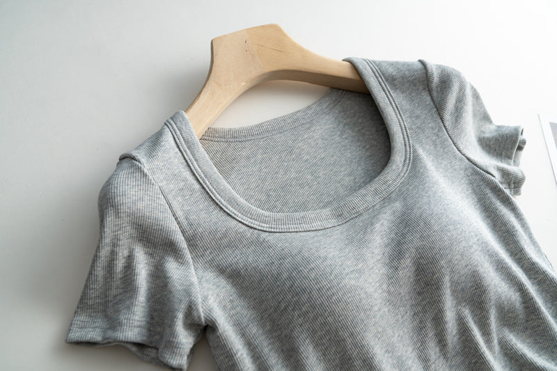 Scooped Neck Built in Bra T-Shirt Crop Length