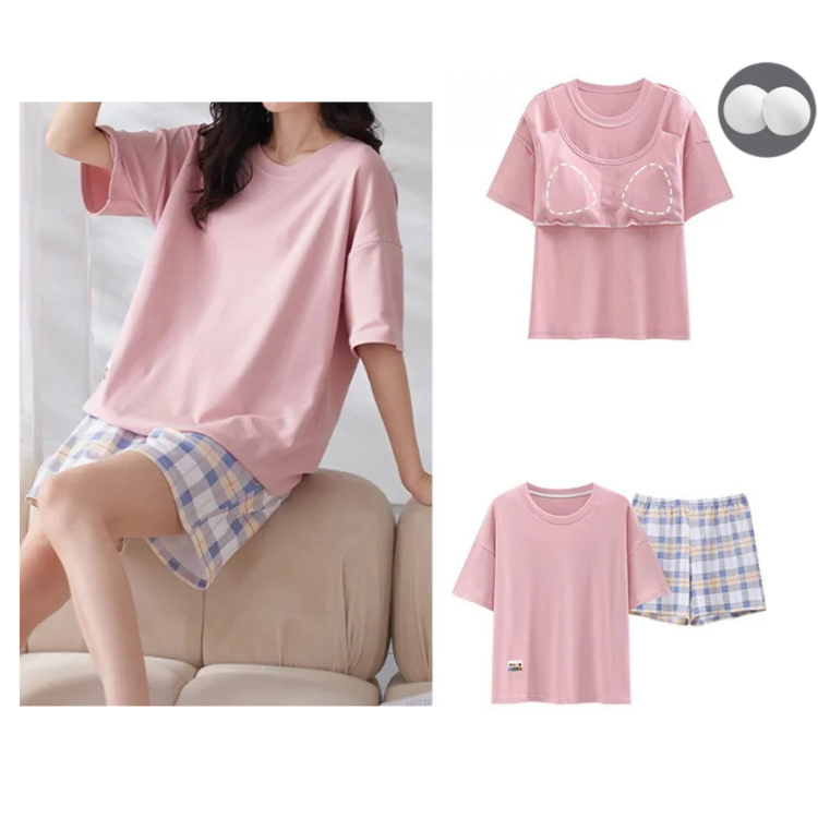 Cotton Pyjama Set with Matching Shorts and Removable Cups