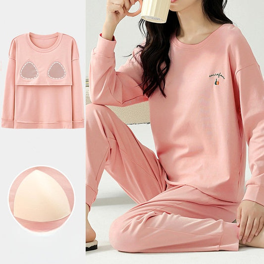 Long Sleeve Cute Pyjama Set with Bra Padding - Cotton