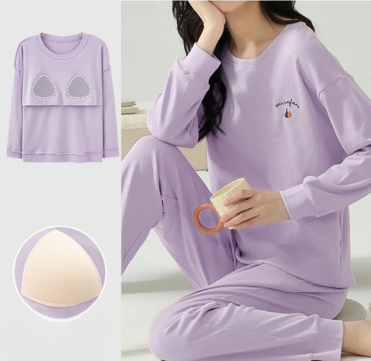 Long Sleeve Cute Pyjama Set with Bra Padding - Cotton