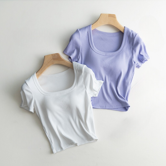 Scooped Neck Built in Bra T-Shirt Crop Length