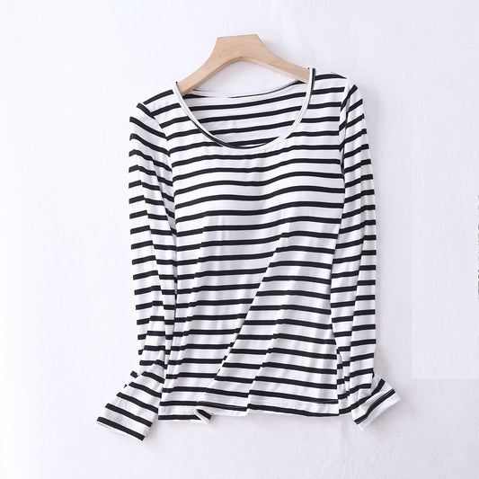 Striped Long Sleeve Built In Bra Top