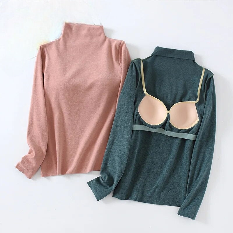 Turtle Neck Long Sleeve Top With Built In Bra