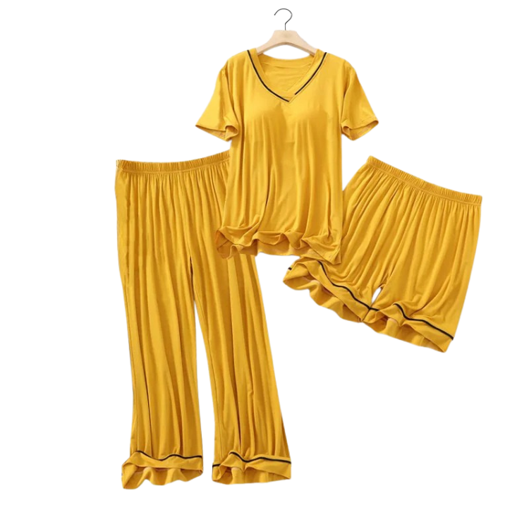 V-Neck Built-in-Bra 3 Piece Pyjama Set - Pants, Shorts and Top