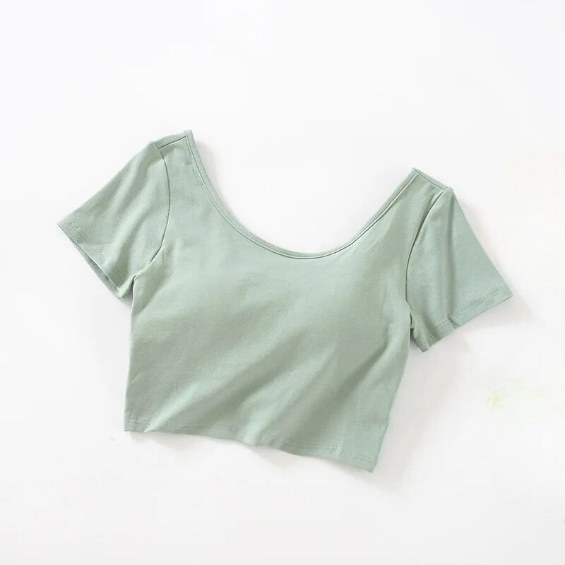 Summer Crop Tops with Built in Bra Round Neck Cotton