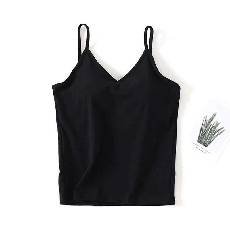 Singlet Top with Built in Bra Camisole V-neck with Built In Bra Cotton