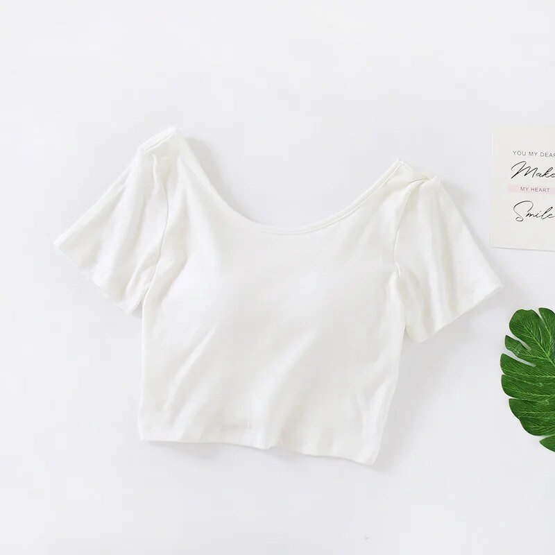 Summer Crop Tops with Built in Bra Round Neck Cotton