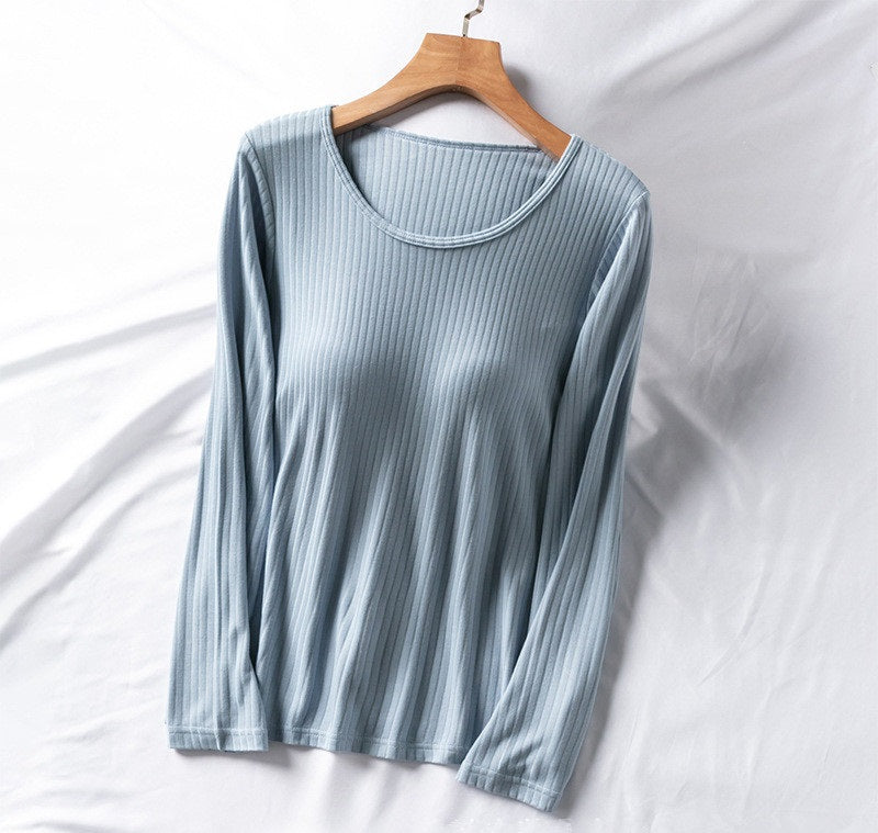 Long Sleeve Top With Built In Bra Inbuilt Bra Ribbed Material