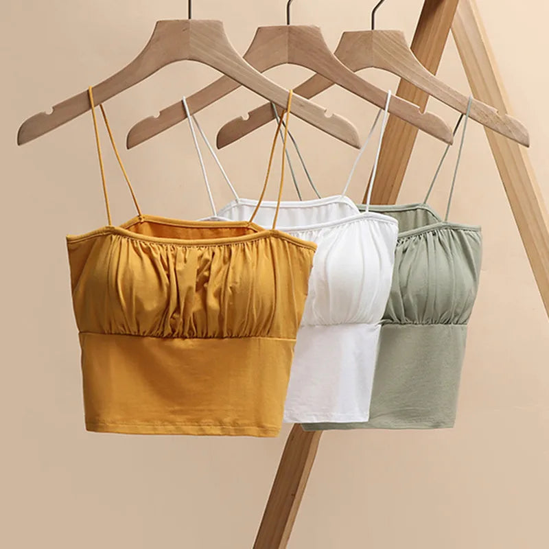 Ruffle Spaghetti Strap Singlet Crop Top with Built In Bra