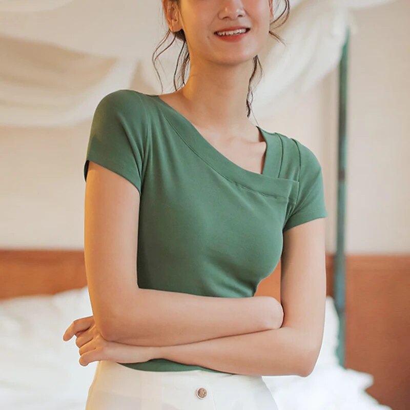 Chic Neckline Crop Top with Built In Bra Cotton