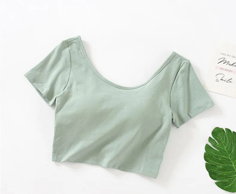 Summer Crop Tops with Built in Bra Round Neck Cotton