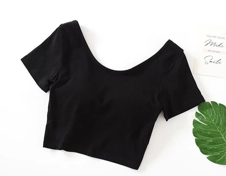 Summer Crop Tops with Built in Bra Round Neck Cotton