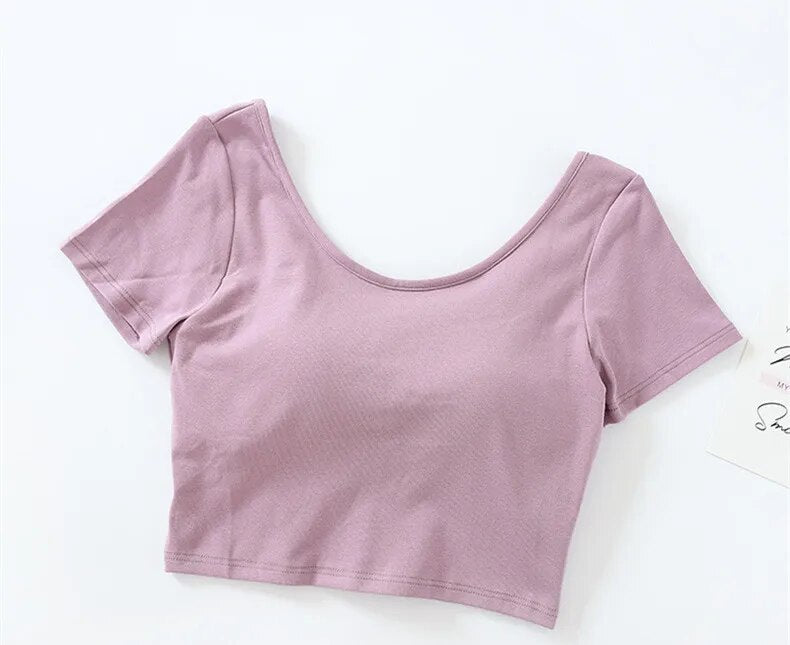 Summer Crop Tops with Built in Bra Round Neck Cotton