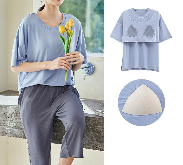 Pyjama Top with Built in Cups Sleepwear Loungewear Set with Matching Pants Plus Size Available