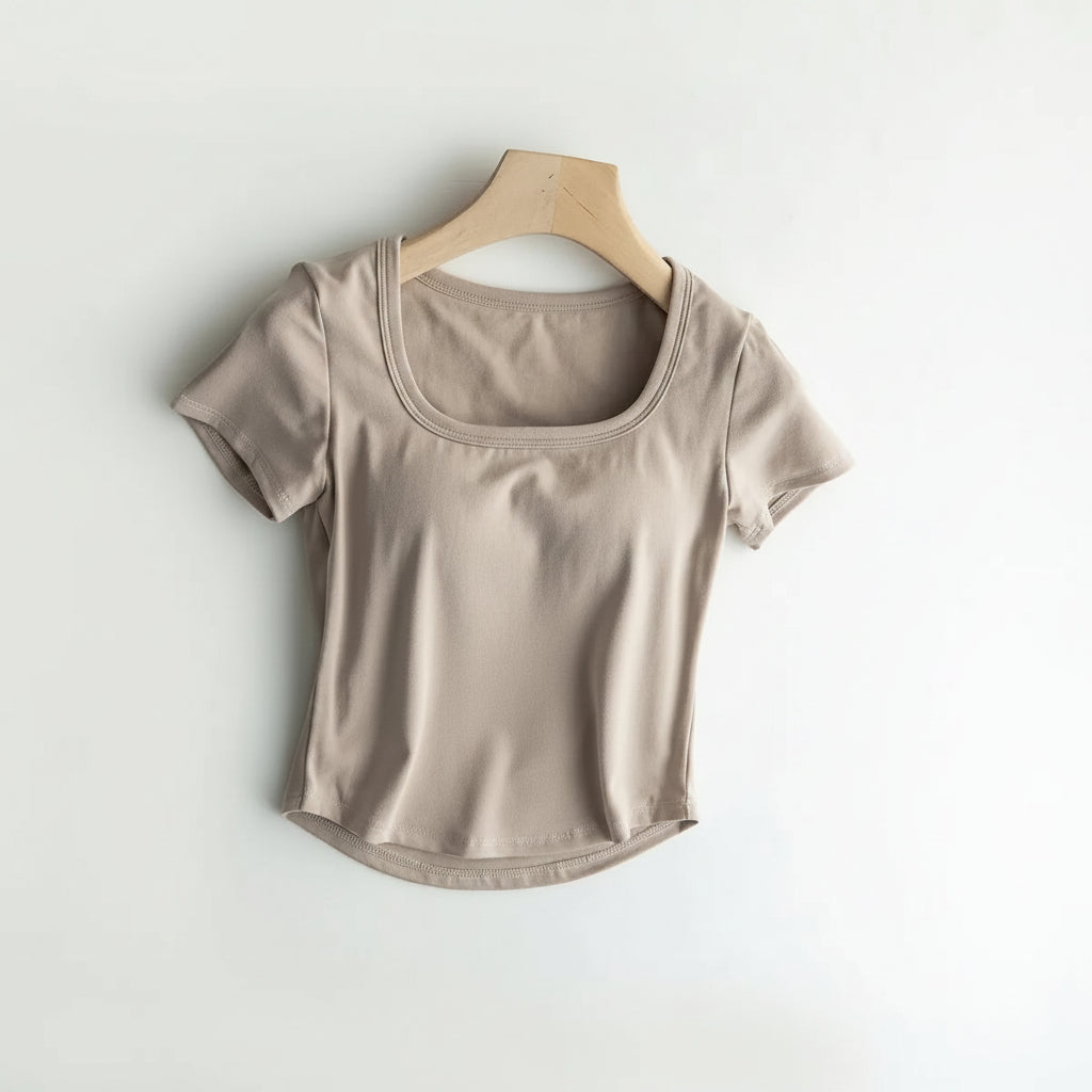 Cotton Scooped Neck Built in Bra T-Shirt Crop Length