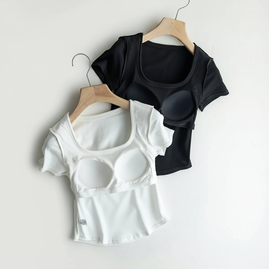 Cotton Scooped Neck Built in Bra T-Shirt Crop Length