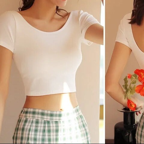 Summer Crop Tops with Built in Bra Round Neck Cotton