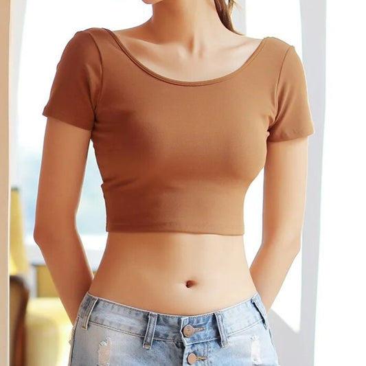 Summer Crop Tops with Built in Bra Round Neck Cotton