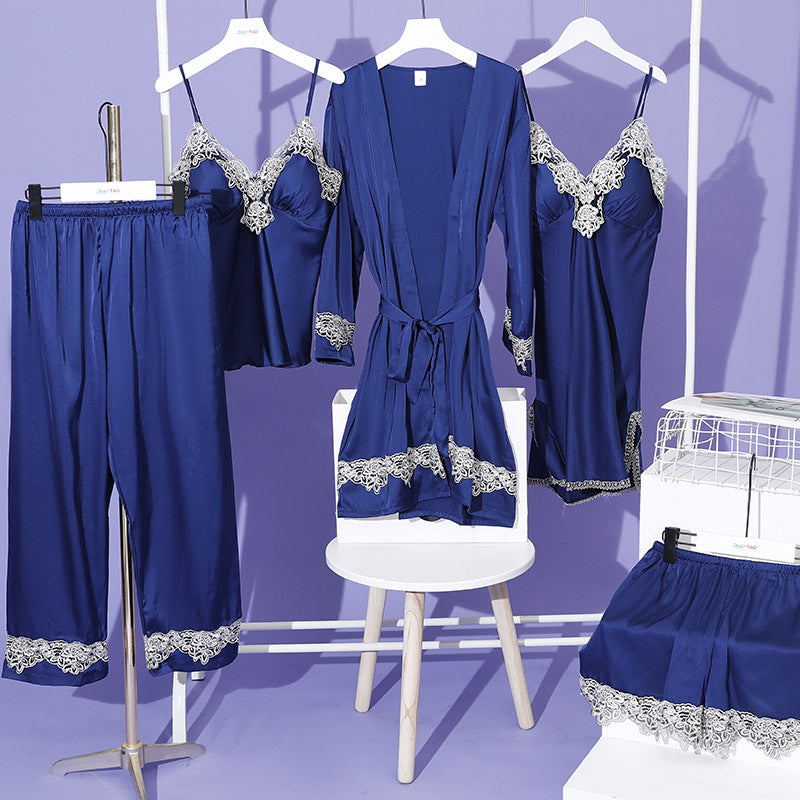 Lace Lingerie Robe and Nightie 5 Piece Set with Removable Bra Cups