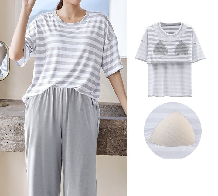 Pyjama Top with Built in Cups Sleepwear Loungewear Set with Matching Pants Plus Size Available