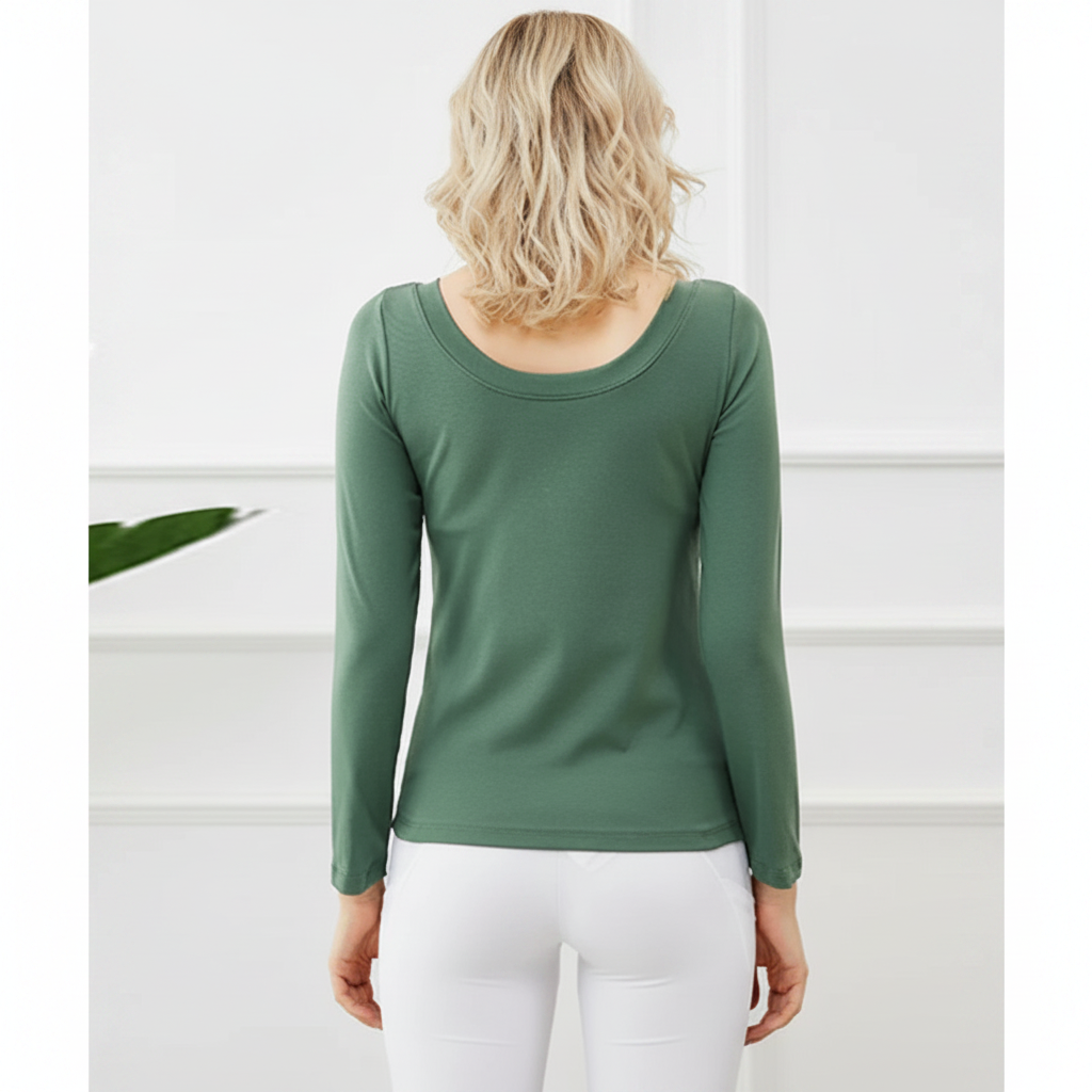 Long Sleeve Top With Built In Bra V Neck Cotton