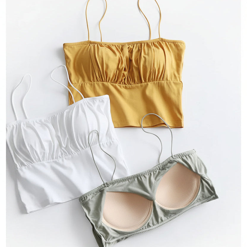 Ruffle Spaghetti Strap Singlet Crop Top with Built In Bra