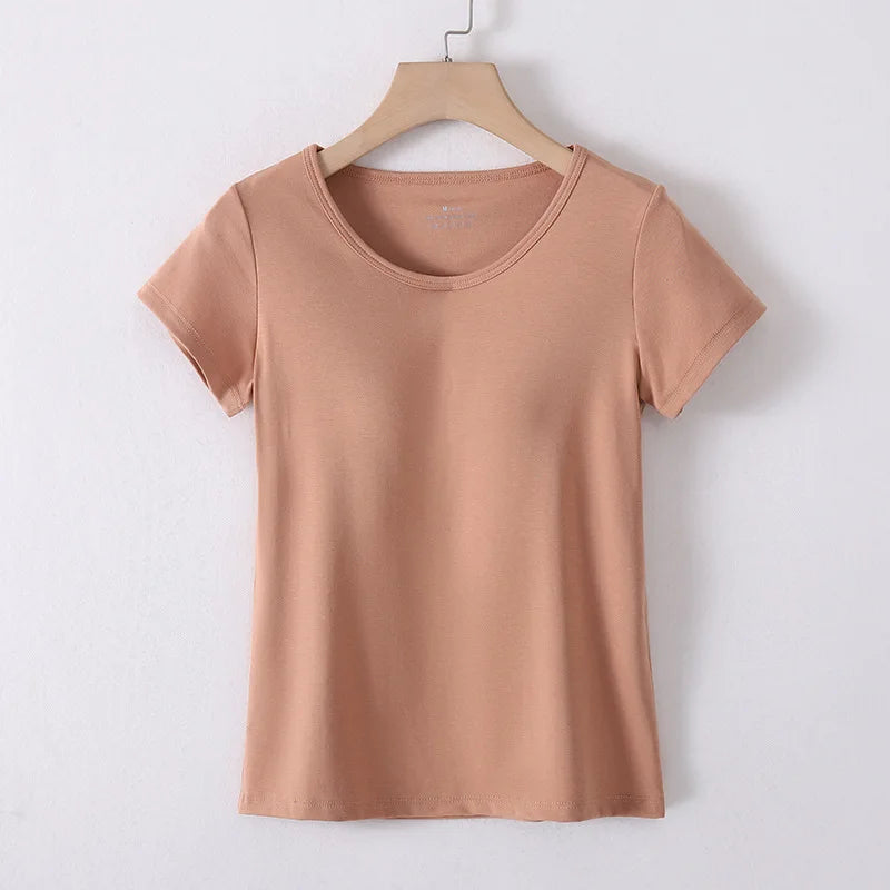 Cotton T-Shirt Tshirt with Built In Bra Top